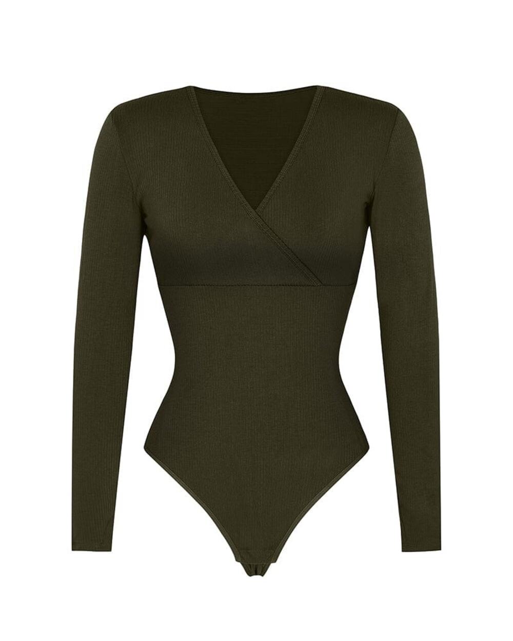 Shapellx Cozy Ribbed Chic V Neck Cut-Out Bodysuit Olive Green Size XXL New